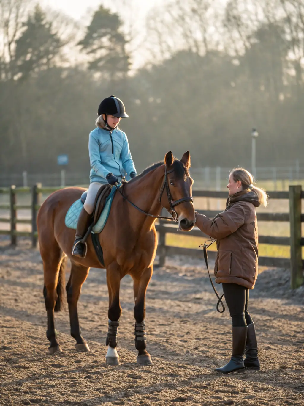 A dynamic scene of a riding instructor leading a diverse group of children and adults on horseback in a lush outdoor arena, with attentive horses and a backdrop of green trees, illustrating inclusive equestrian lessons.