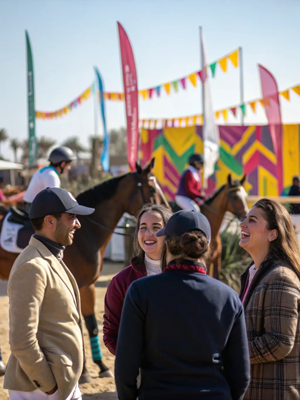 A lively community event at the stables, with families, volunteers, and riders gathered for a festive equestrian demonstration and picnic, highlighting social inclusion.