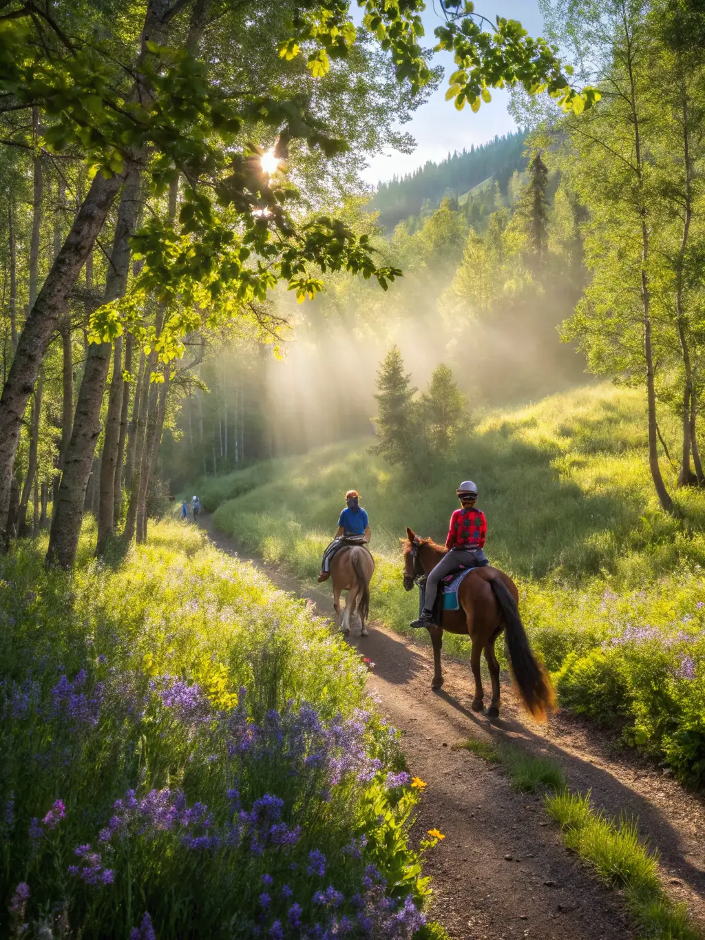 A group of riders enjoying a guided horseback trail ride through scenic countryside, with open fields, forest paths, and a sense of adventure and camaraderie.